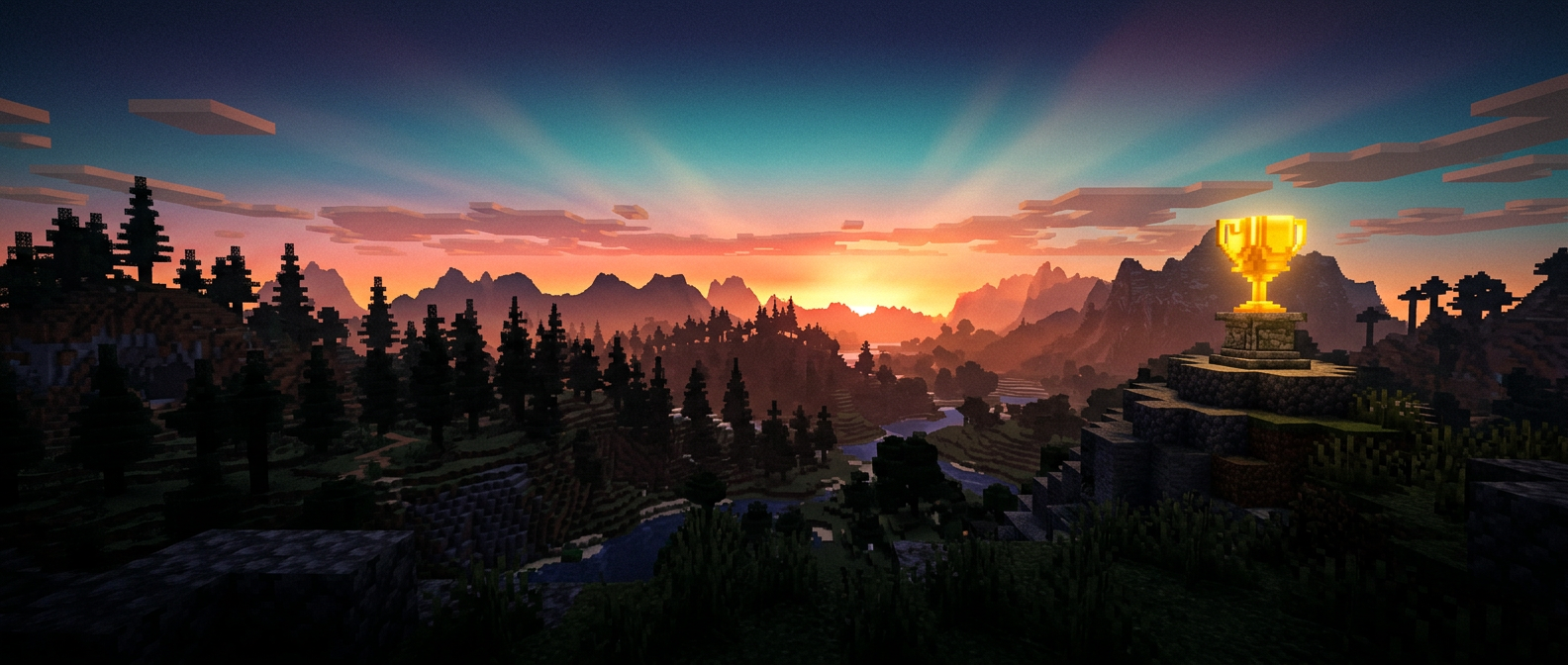 Minecraft sunset landscape with a golden trophy on a stone pedestal